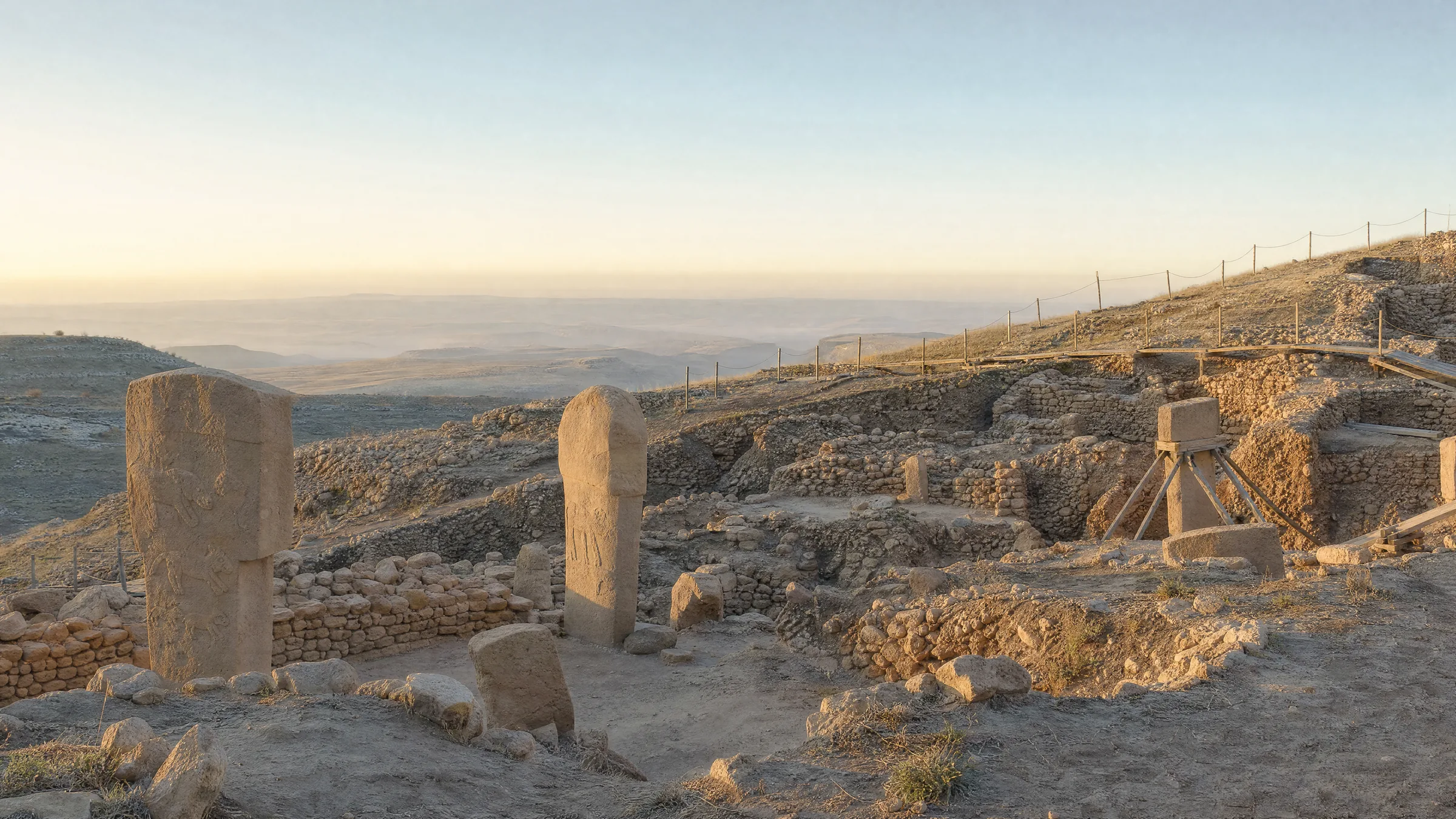 Göbeklitepe’de T biçimli dikilitaşlar ve çevredeki kazı alanı