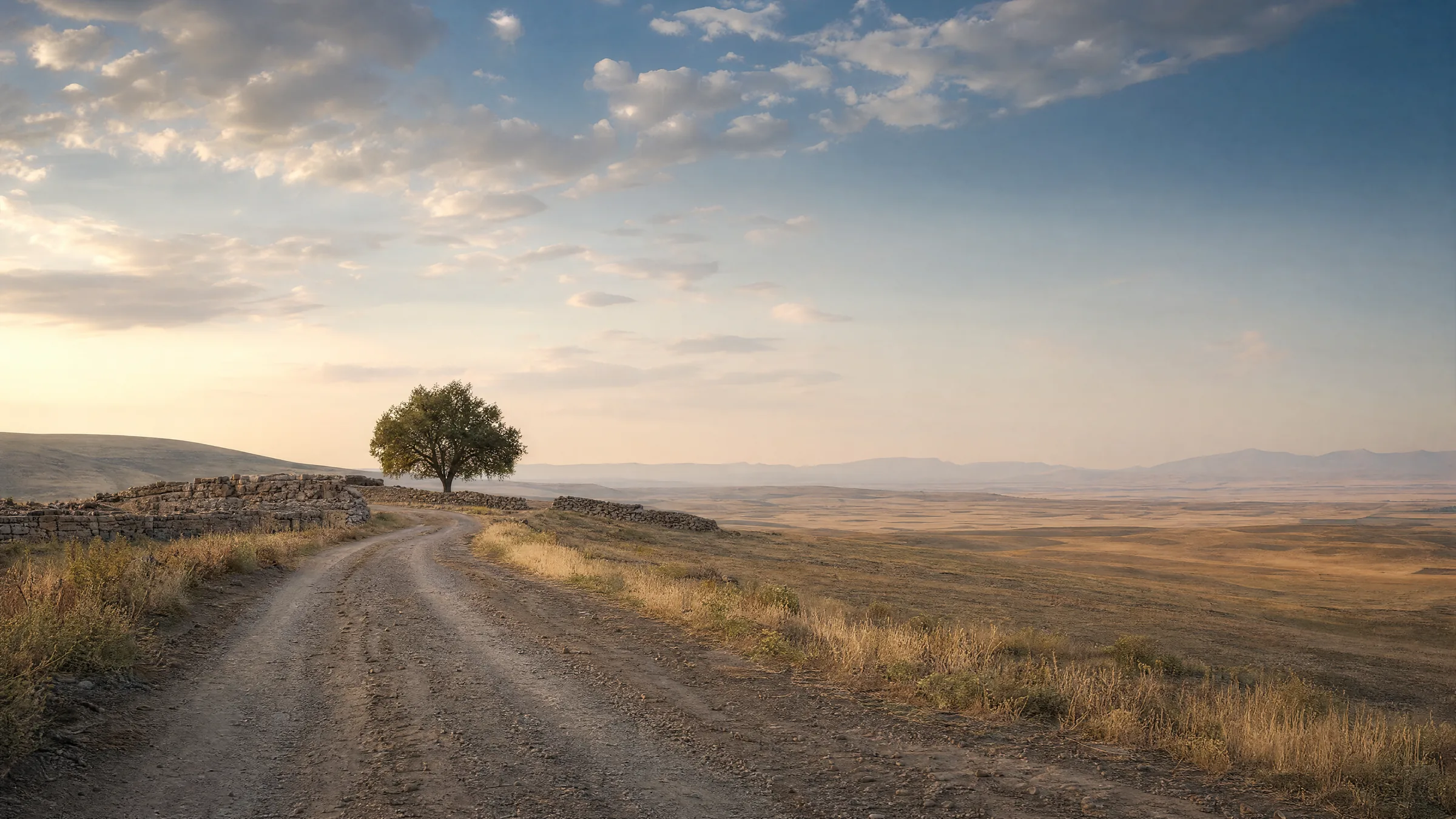 Bozkırda tek ağacın yanından geçen eski yol