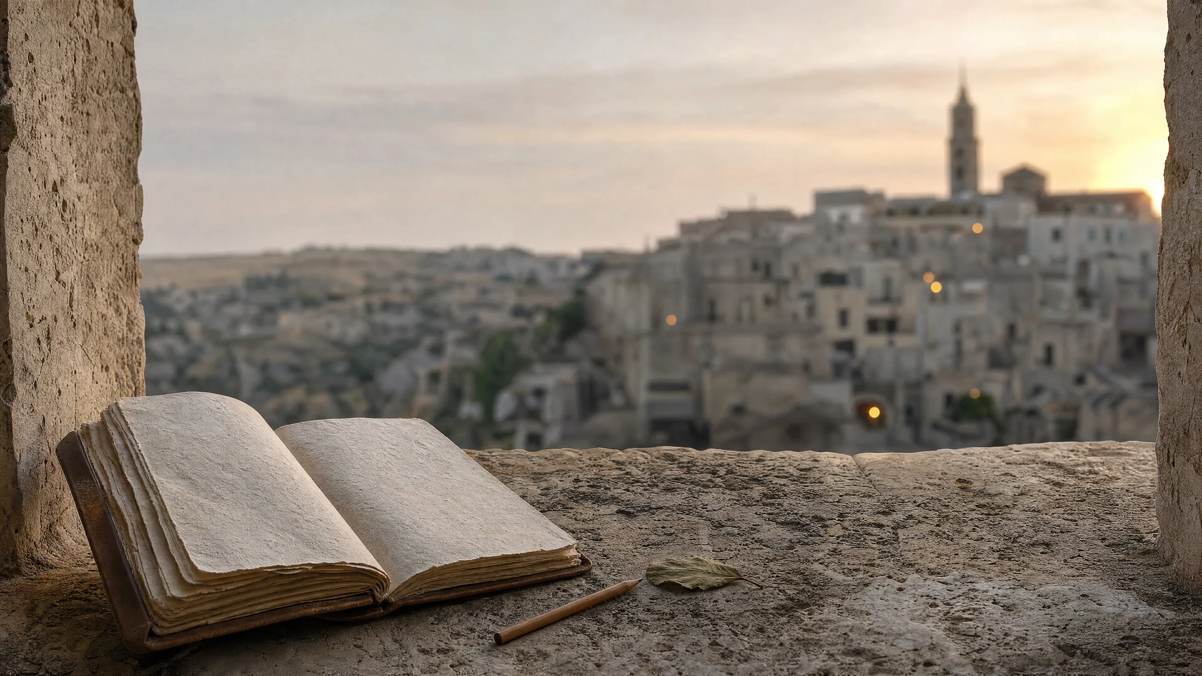 Taş pencere kenarında boş sayfalı eski bir defter, yanında kurşun kalem ve kuru bir yaprak; arkada gün batımında yamaca kurulu taş kasaba